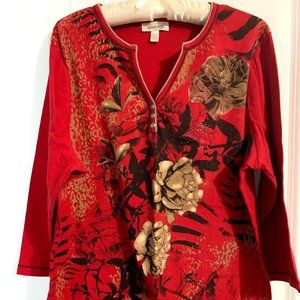 Red Top with black & gold flowers 3/4 sleeve 2X